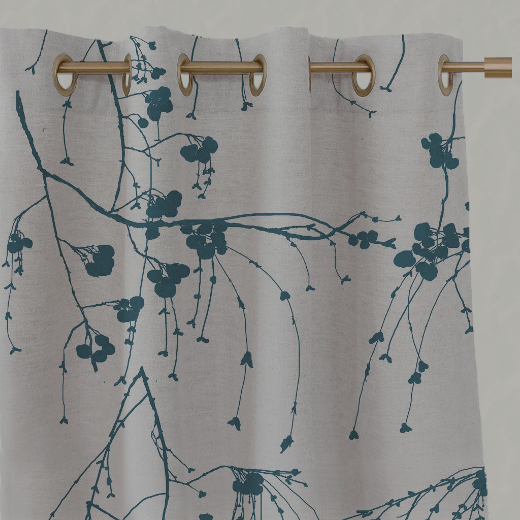 Blue Botanical Linen Eyelet Curtains - Berry Blue Stone - Natural base fabric.