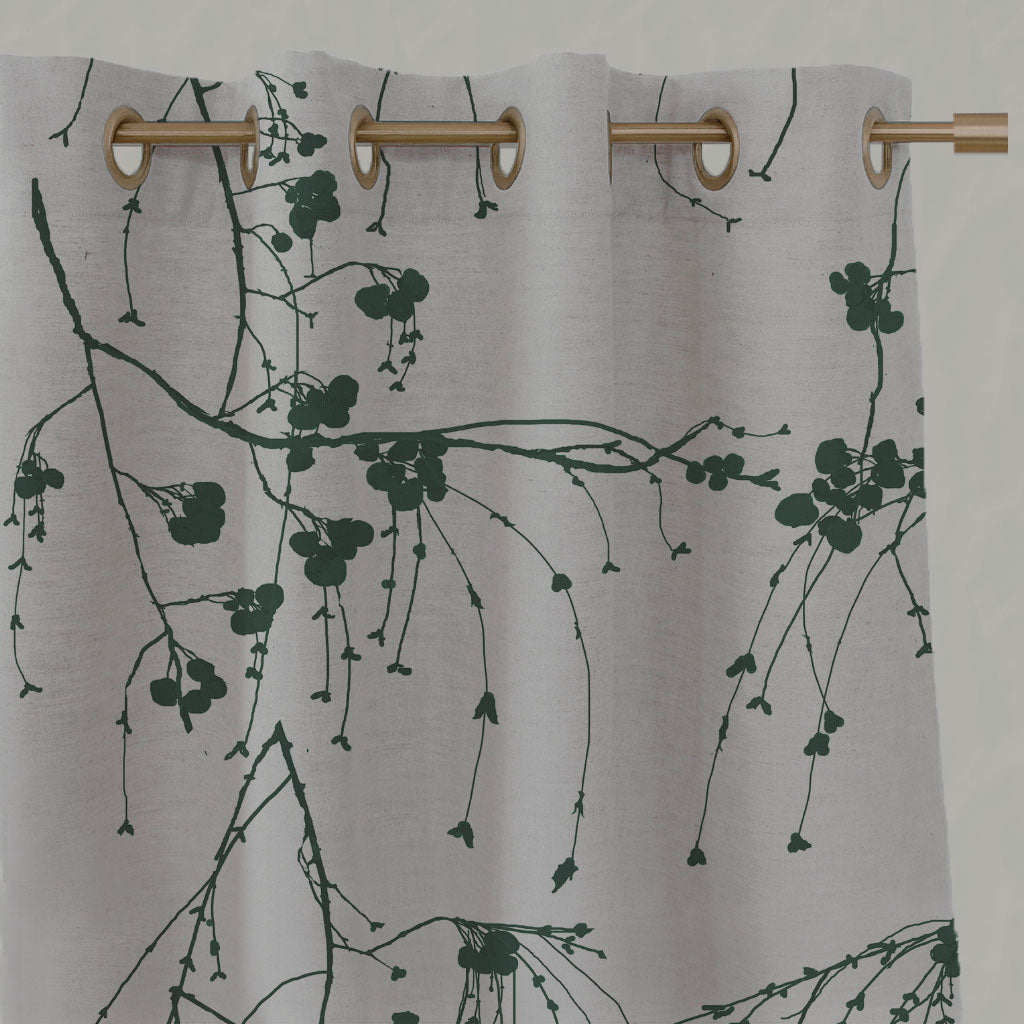 Green Botanical Linen Eyelet Curtains - Berry Dark Pine - Natural base fabric.