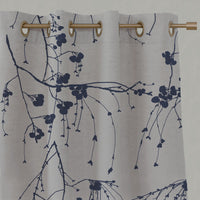 Blue Botanical Linen Eyelet Curtains - Berry Deep Blue - Natural base fabric.