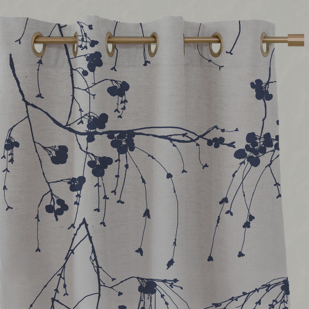 Blue Botanical Linen Eyelet Curtains - Berry Deep Blue - Natural base fabric.