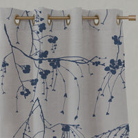 Blue Botanical Linen Eyelet Curtains - Berry Night Blue - Natural base fabric.