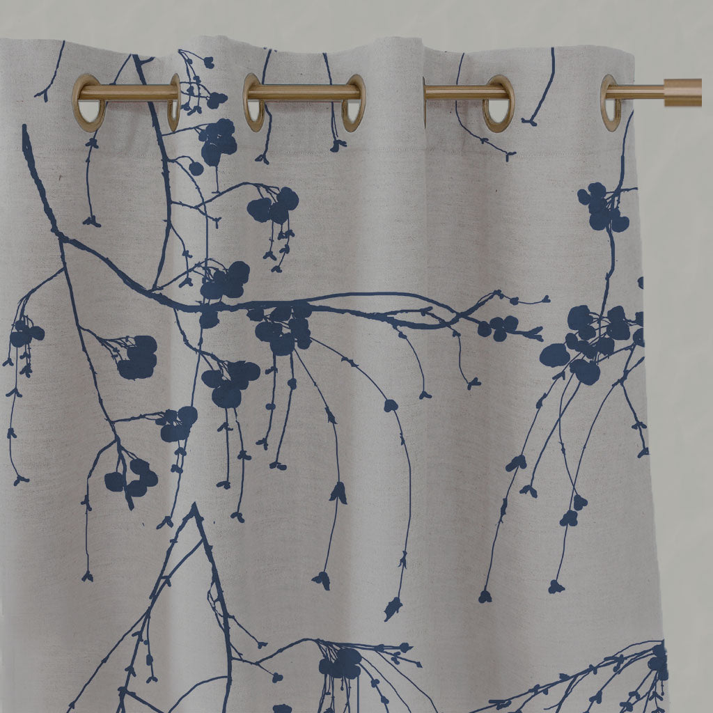 Blue Botanical Linen Eyelet Curtains - Berry Night Blue - Natural base fabric.
