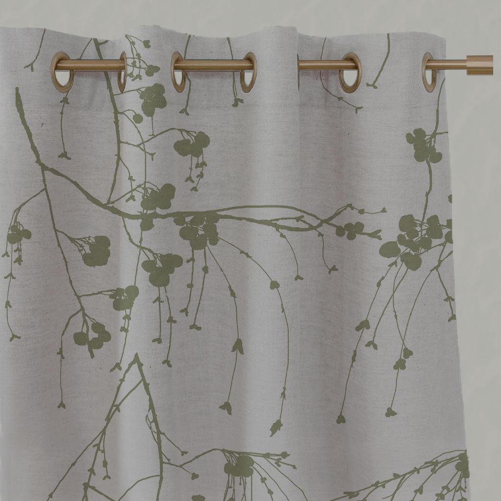 Green Botanical Linen Eyelet Curtains - Berry Olive - Natural base fabric.