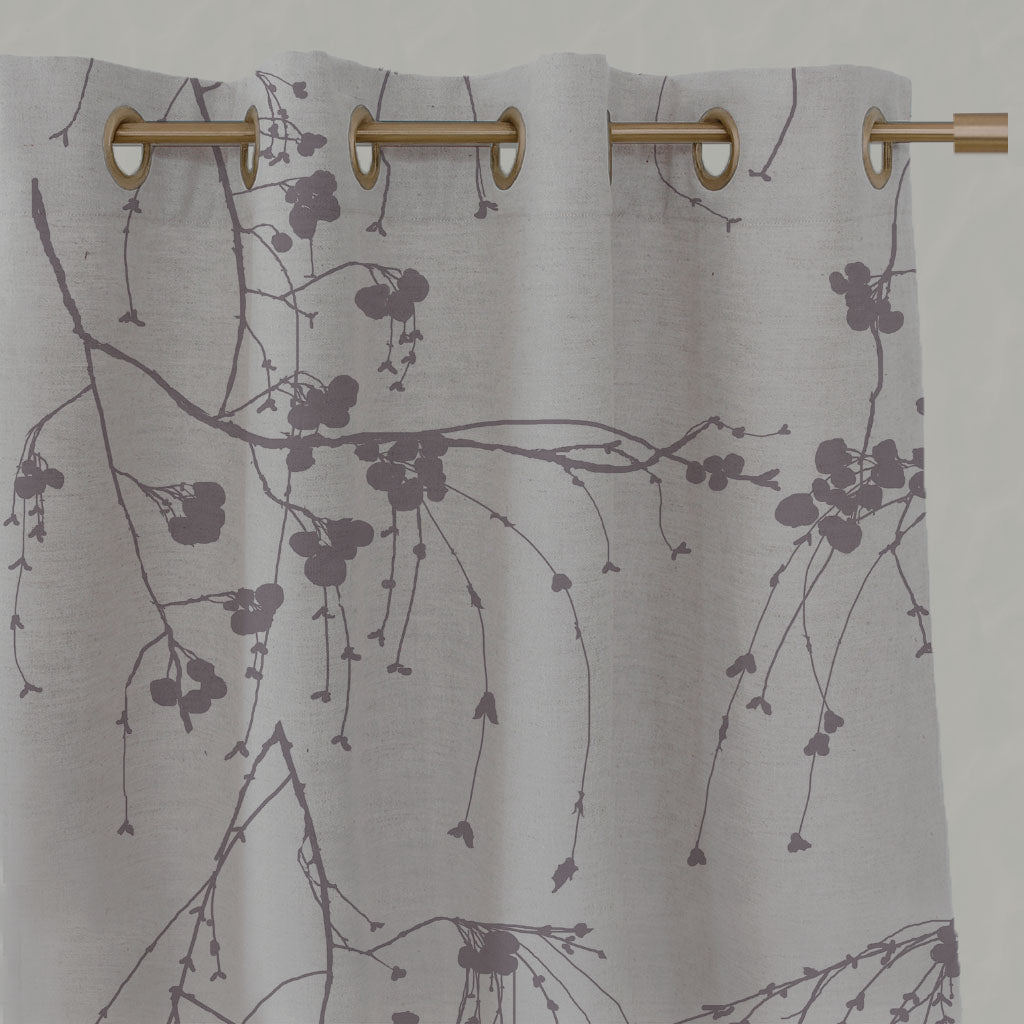 Purple Botanical Linen Eyelet Curtains - Berry Powder Plum - Natural base fabric.