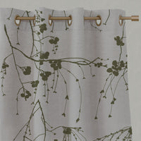 Green Botanical Linen Eyelet Curtains - Berry Sea Weed - Natural base fabric.