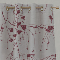 Red Botanical Linen Eyelet Curtains - Berry Wine - Natural base fabric.