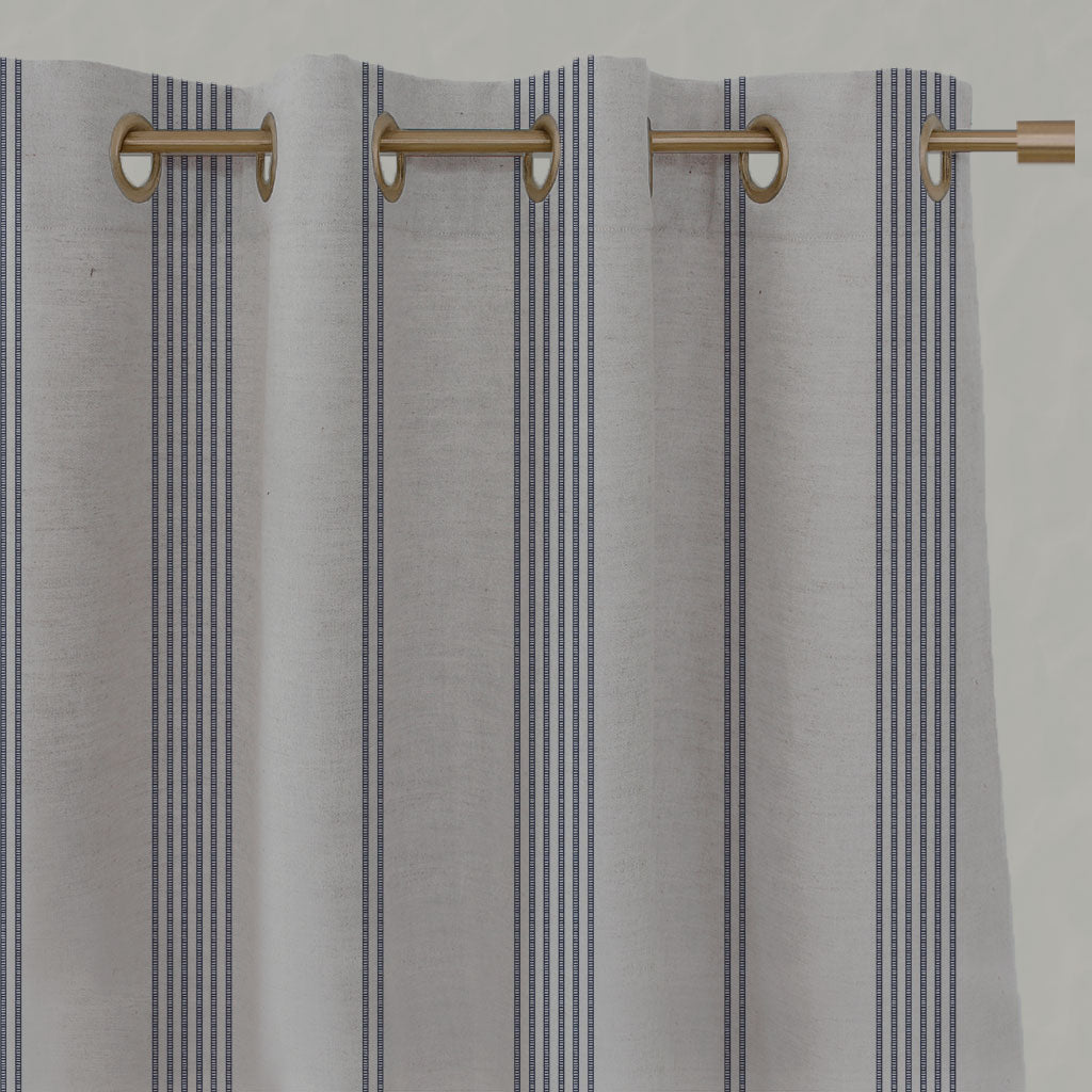 Blue Striped Linen Eyelet Curtains - Brea Deep Blue - Natural base fabric.