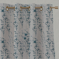 Blue Botanical Linen Eyelet Curtains - Breeze Blue Stone - Natural base fabric.
