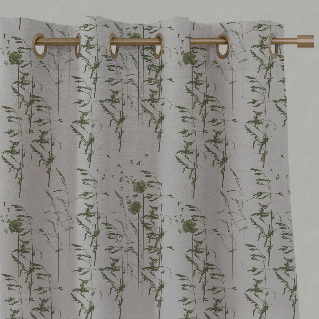 Green Botanical Linen Eyelet Curtains - Breeze Khaki - Natural base fabric.