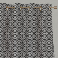 Black Patterned Linen Eyelet Curtains - Brita Black - Natural base fabric.