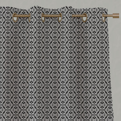 Black Patterned Linen Eyelet Curtains - Brita Black - Natural base fabric.