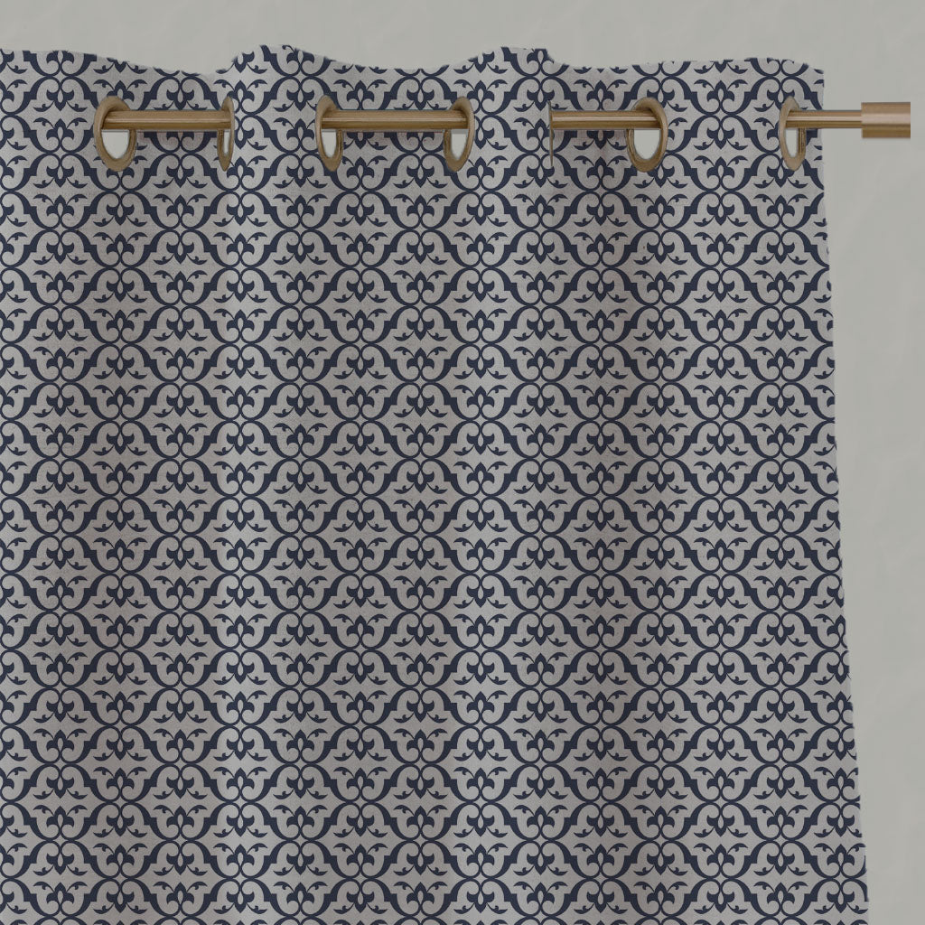 Blue Patterned Linen Eyelet Curtains - Brita Deep Blue - Natural base fabric.