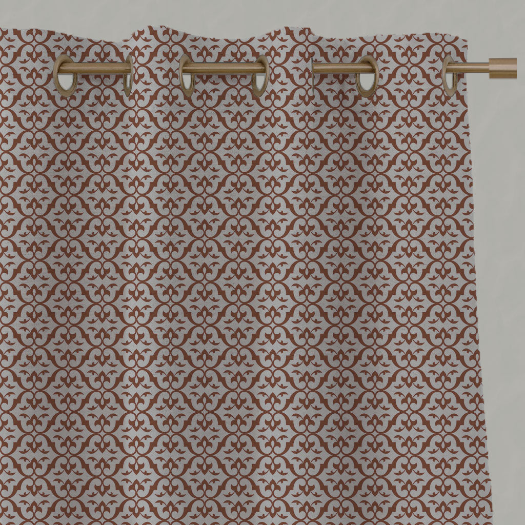 Red / Orange Patterned Linen Eyelet Curtains - Brita Terracotta - Natural base fabric.
