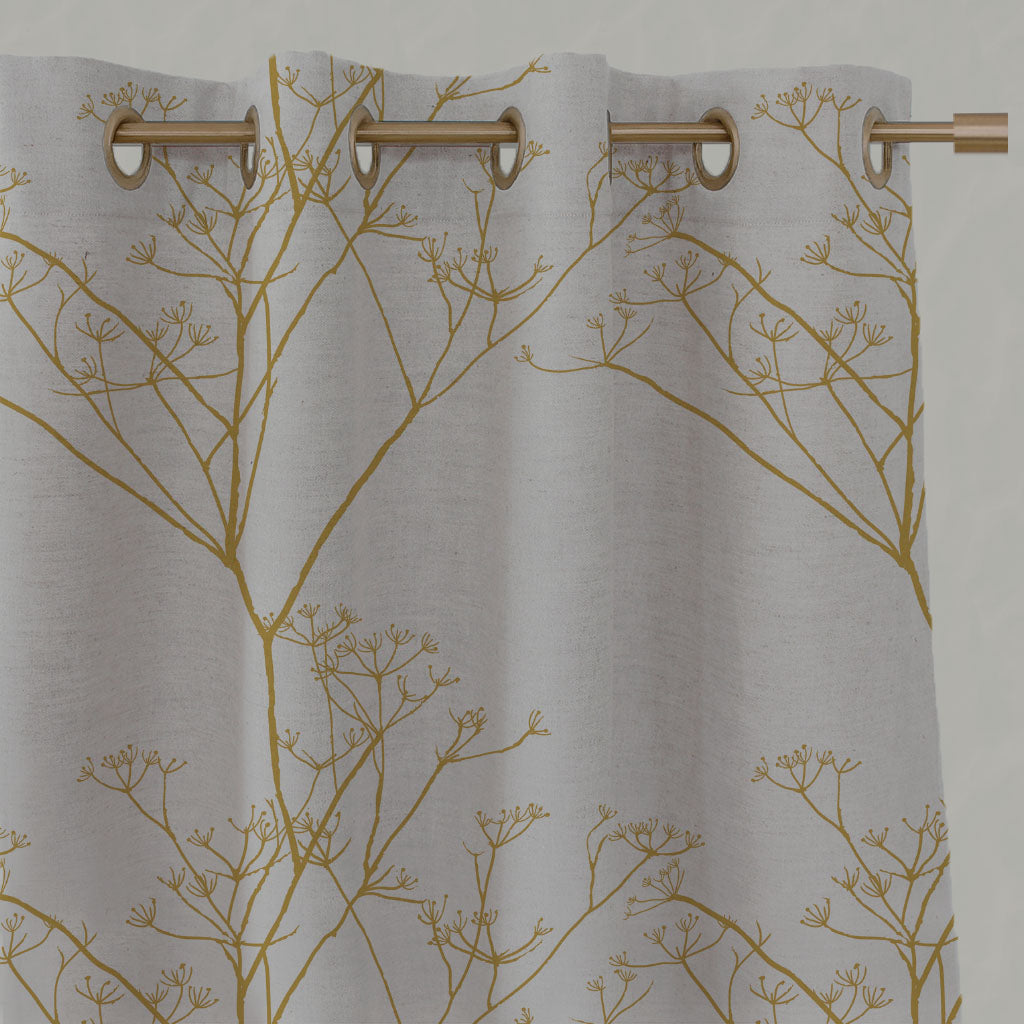 Yellow Floral Linen Eyelet Curtains - Chervil Mustard - Natural base fabric.