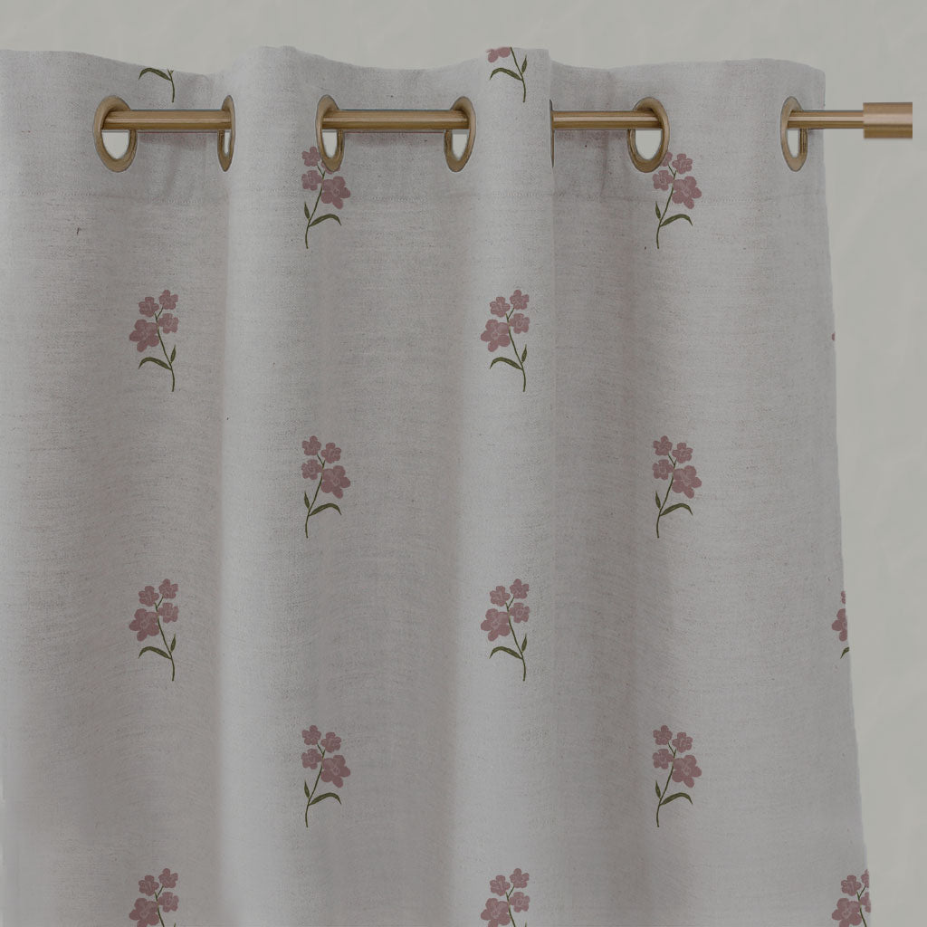 Pink Floral Linen Eyelet Curtains - Cree Pink - Natural base fabric.