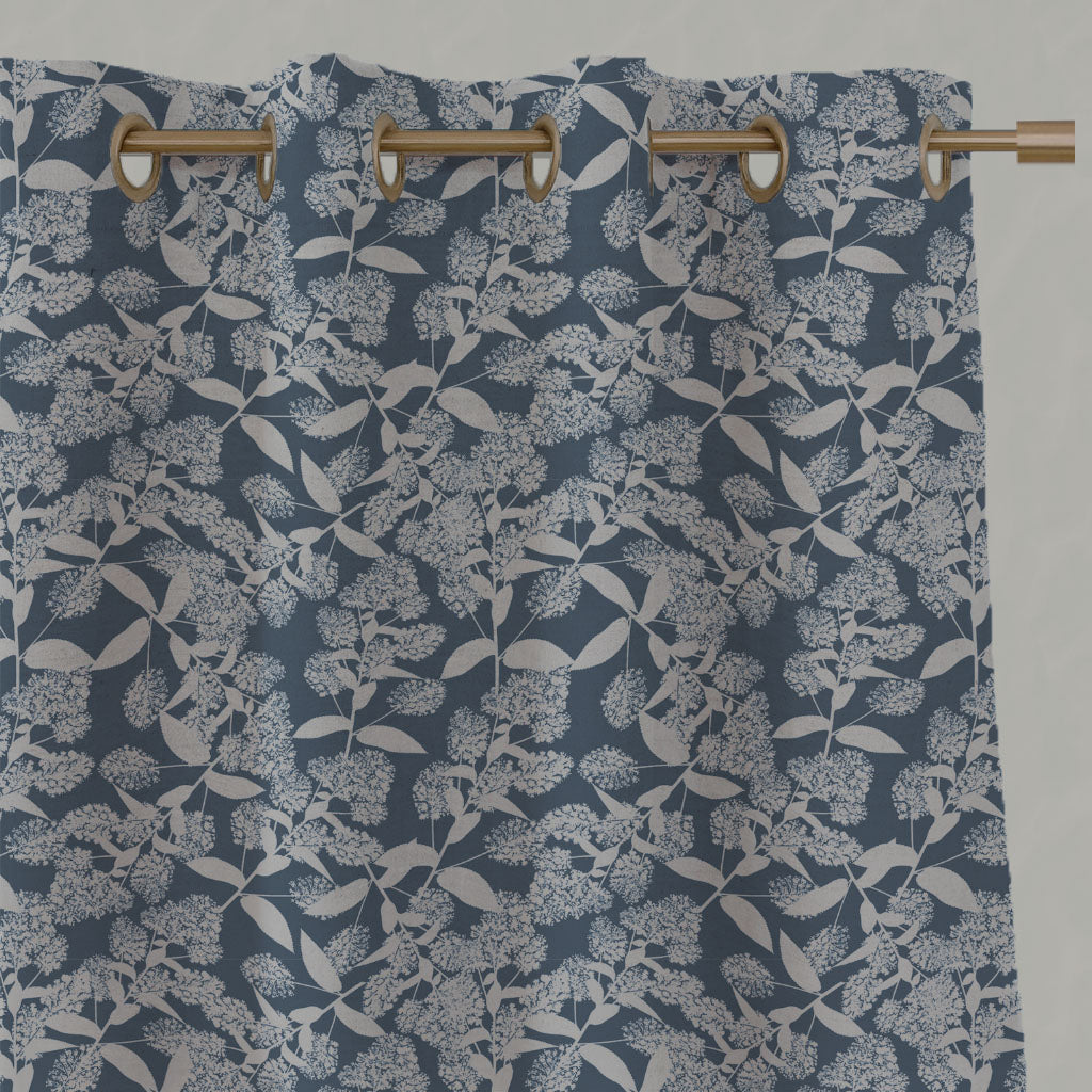 Blue Floral Linen Eyelet Curtains - Dagmar-INV Denim - Natural base fabric.