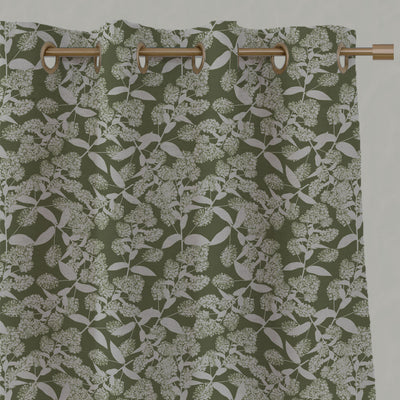 Green Floral Linen Eyelet Curtains - Dagmar-INV Khaki - Natural base fabric.