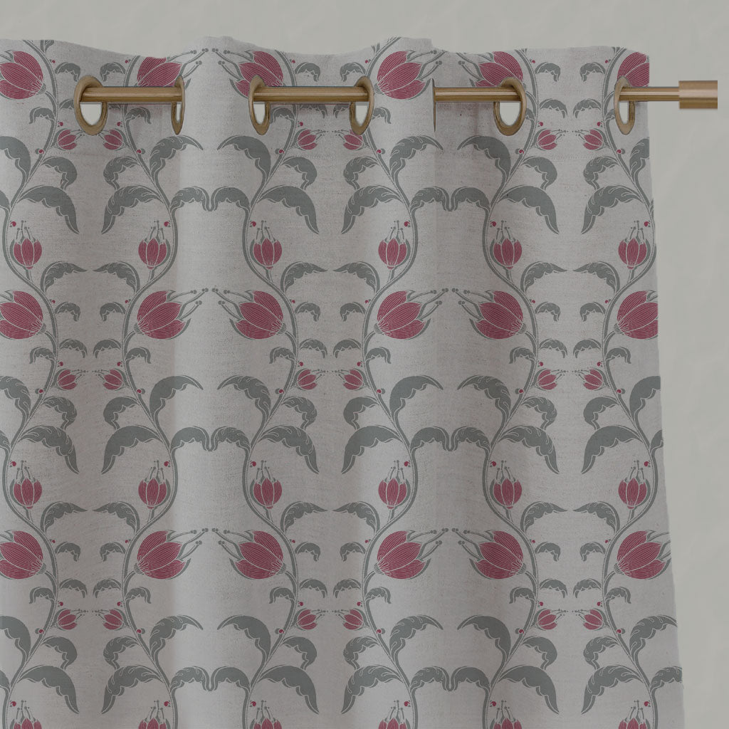 Red Floral Linen Eyelet Curtains - Dana Cherry - Natural base fabric.