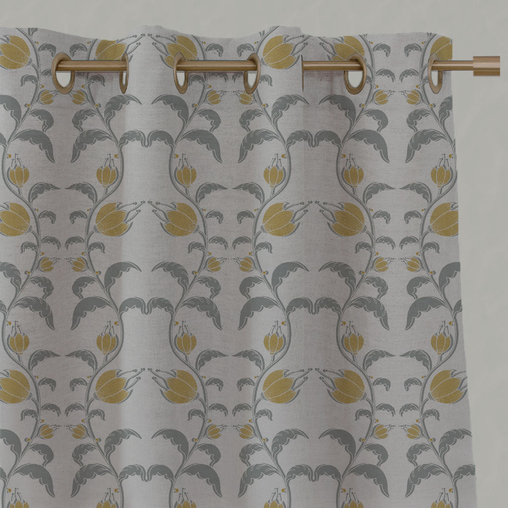 Yellow Floral Linen Eyelet Curtains - Dana Mustard - Natural base fabric.