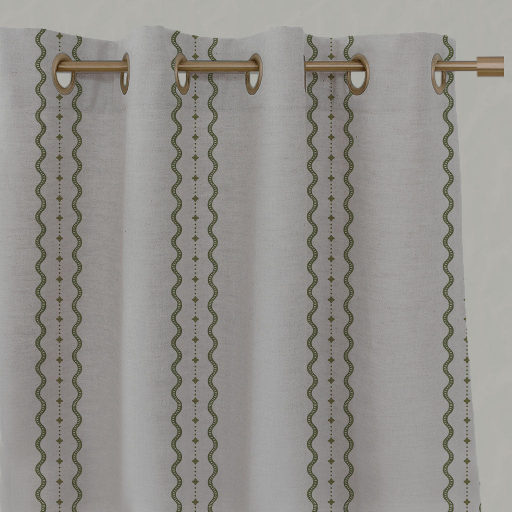 Green Striped Linen Eyelet Curtains - Daphne Khaki - Natural base fabric.