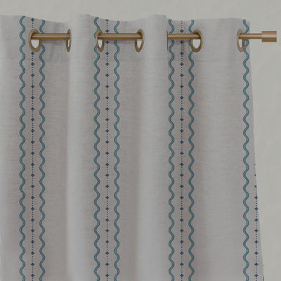 Blue Striped Linen Eyelet Curtains - Daphne Marine Blue - Natural base fabric.