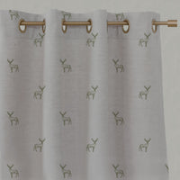 Green Patterned Linen Eyelet Curtains - Deer Khaki - Natural base fabric.