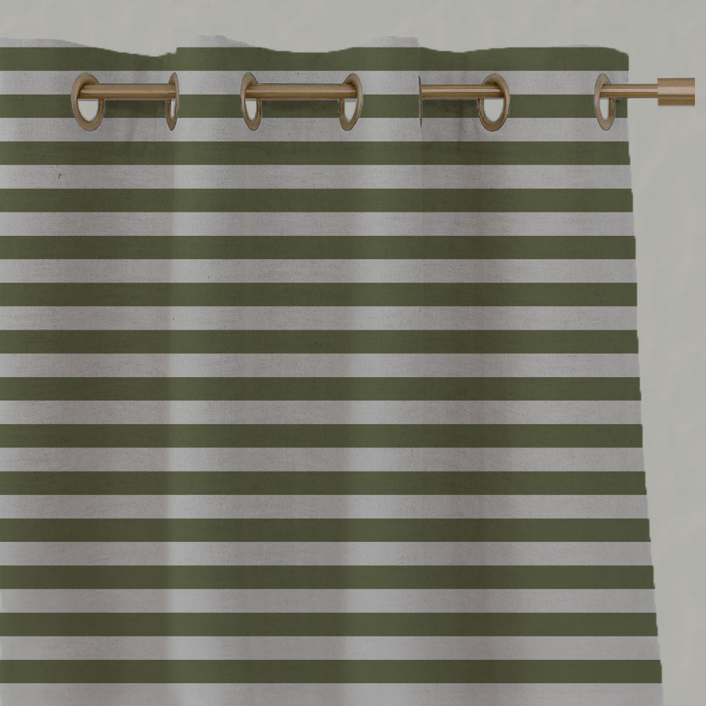 Green Striped Linen Eyelet Curtains - Della Khaki - Natural base fabric.