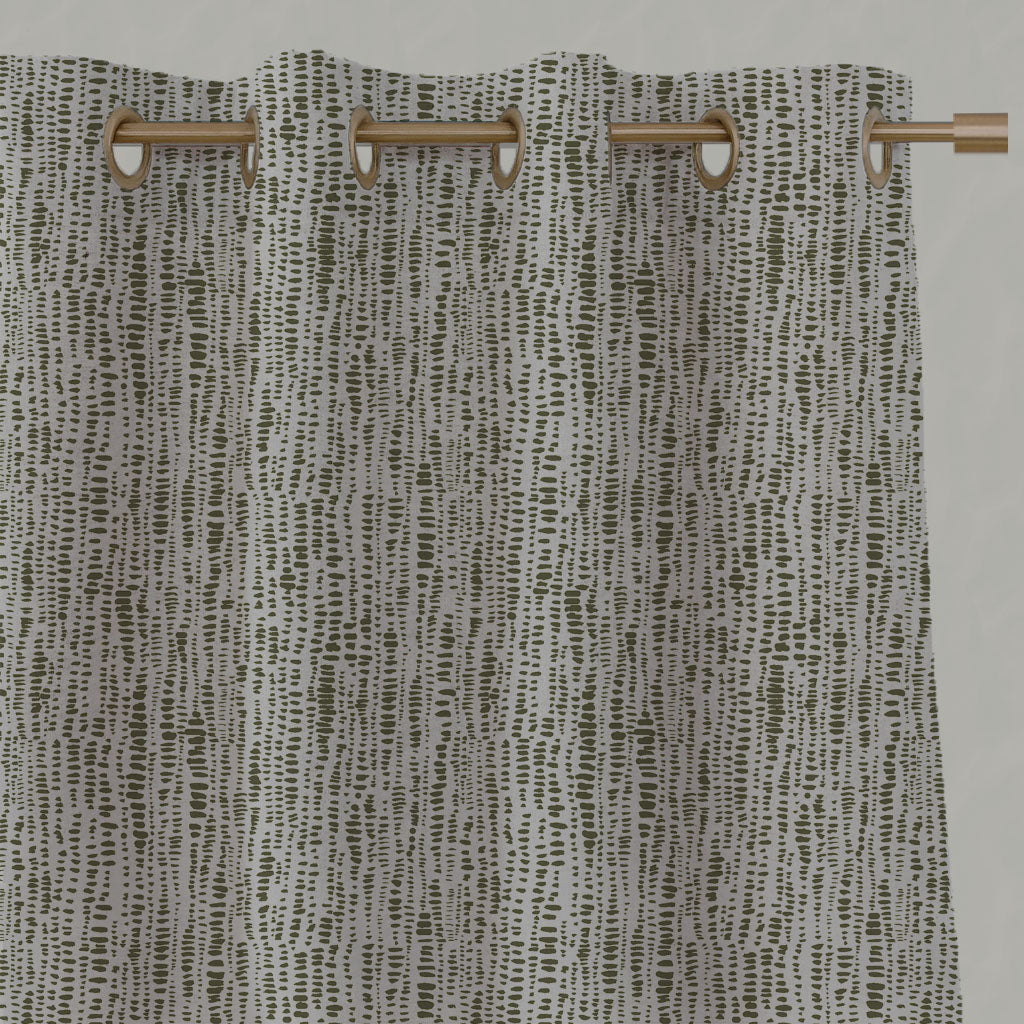 Green Patterned Linen Eyelet Curtains - Dora Seaweed - Natural base fabric.