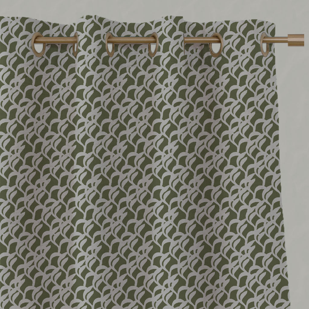 Green Botanical Linen Eyelet Curtains - Edlyn Khaki - Natural base fabric.