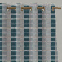 Blue Patterned Linen Eyelet Curtains - Egenia Blue Stone - Natural base fabric.