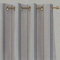 Blue / Orange Striped Linen Eyelet Curtains - Elise Blue Ochre - Natural base fabric.
