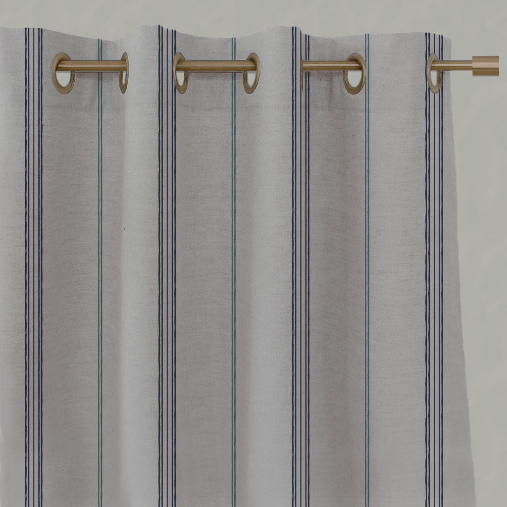 Blue Striped Linen Eyelet Curtains - Elise Deep Blue - Natural base fabric.
