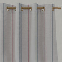 Red / Blue Striped Linen Eyelet Curtains - Elise Denim Cherry - Natural base fabric.