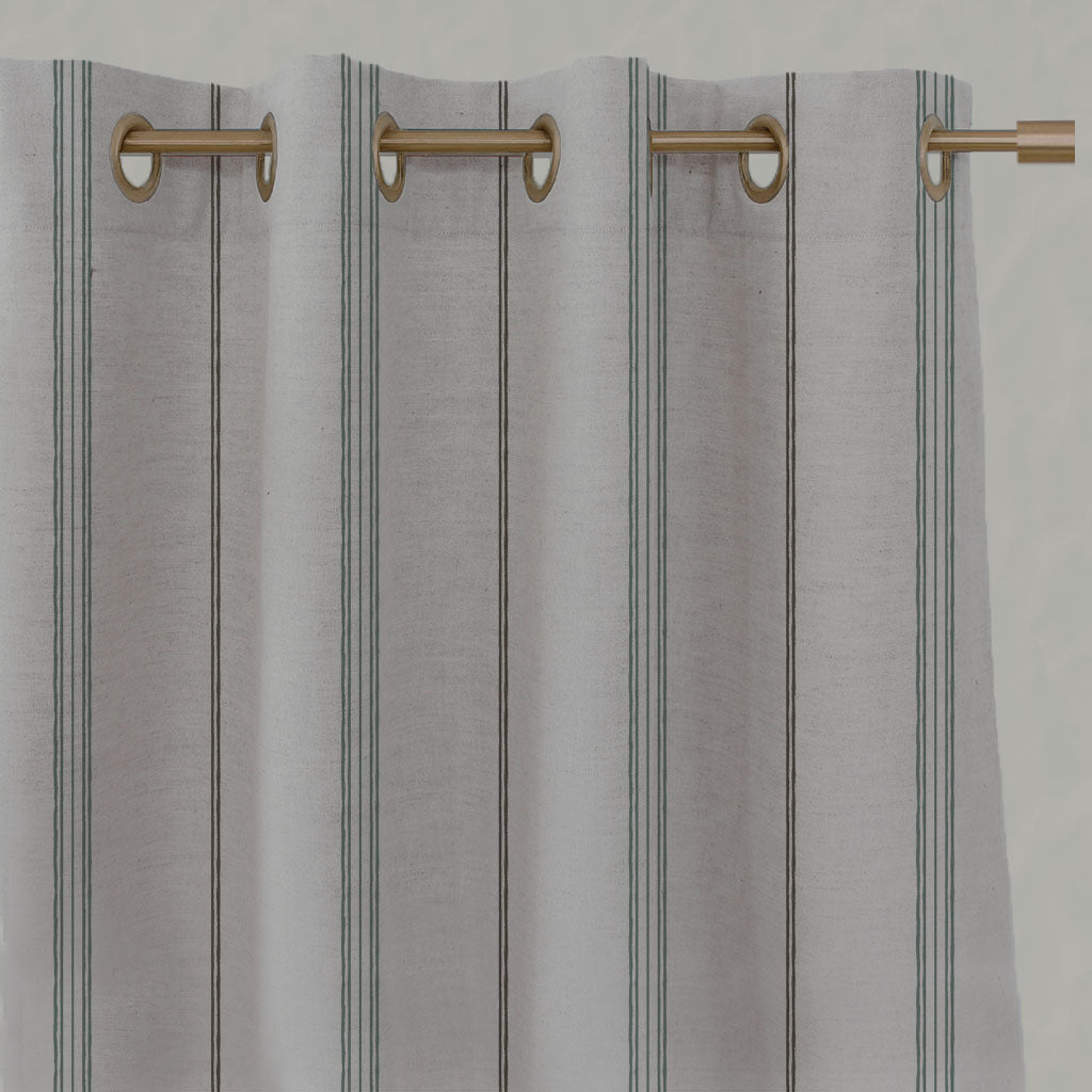 Grey / Green Striped Linen Eyelet Curtains - Elise Sage - Natural base fabric.