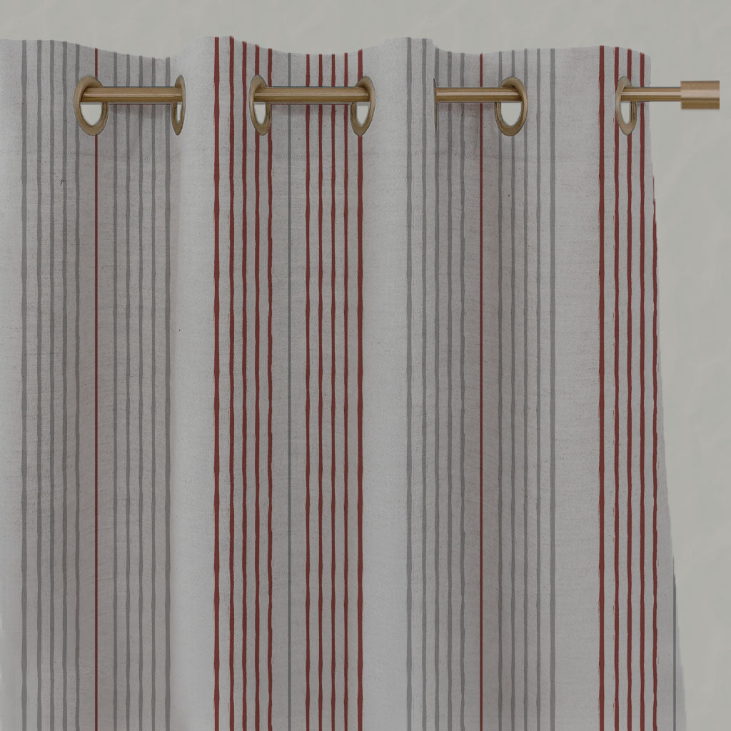 Red Striped Linen Eyelet Curtains - Else Crimson Red - Natural base fabric.