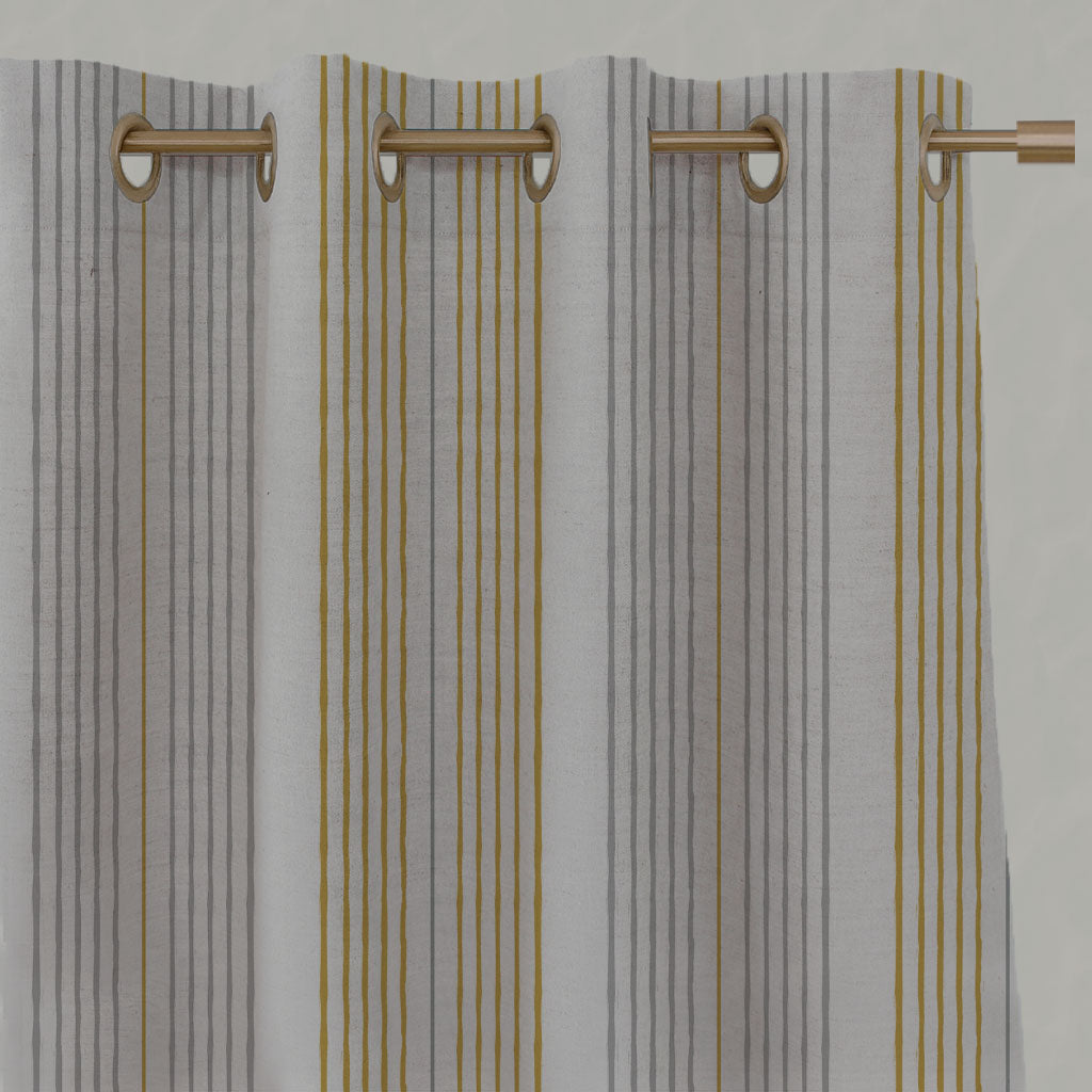 Yellow Striped Linen Eyelet Curtains - Else Mustard - Natural base fabric.