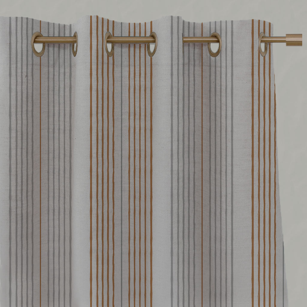 Orange Striped Linen Eyelet Curtains - Else Tangerine - Natural base fabric.