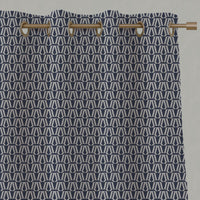 Blue Patterned Linen Eyelet Curtains - Elva Deep Blue - Natural base fabric.