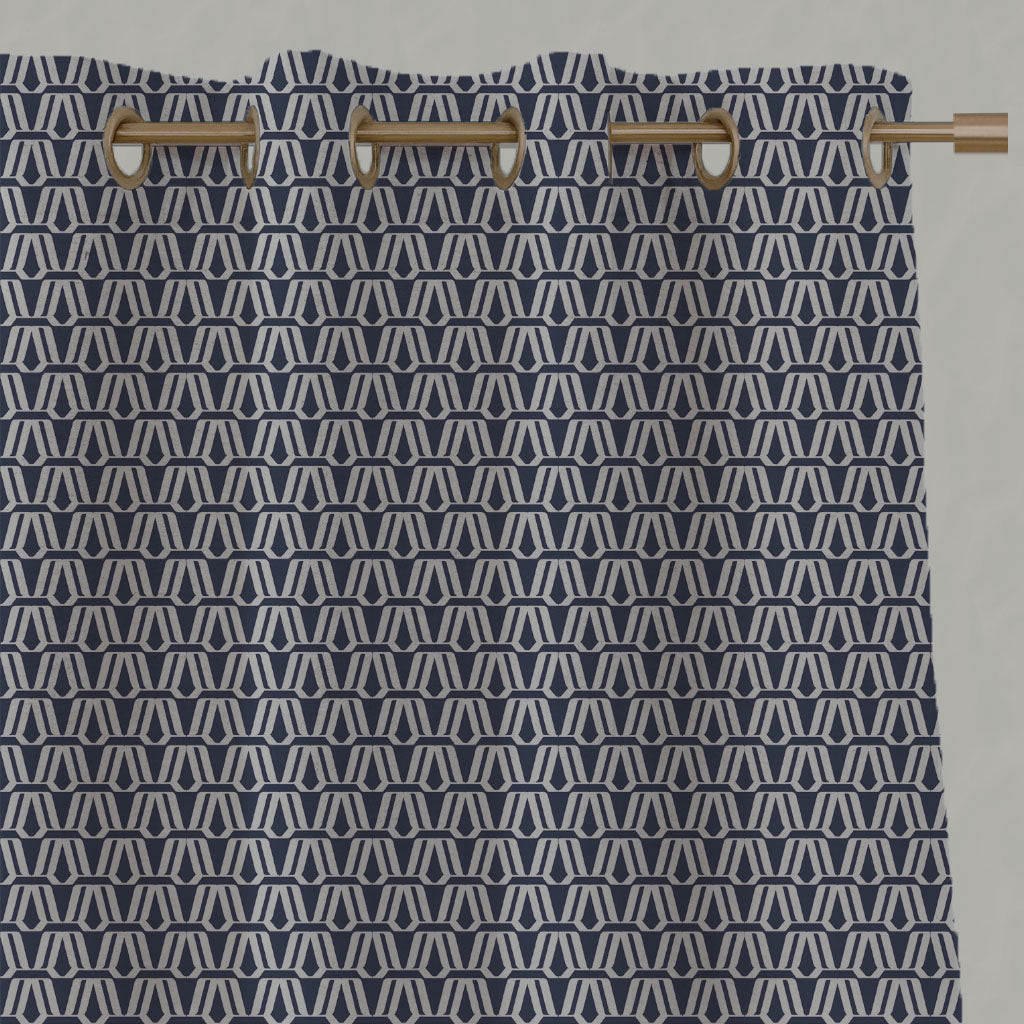 Blue Patterned Linen Eyelet Curtains - Elva Deep Blue - Natural base fabric.