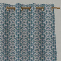 Blue Patterned Linen Eyelet Curtains - Elva Marine - Natural base fabric.