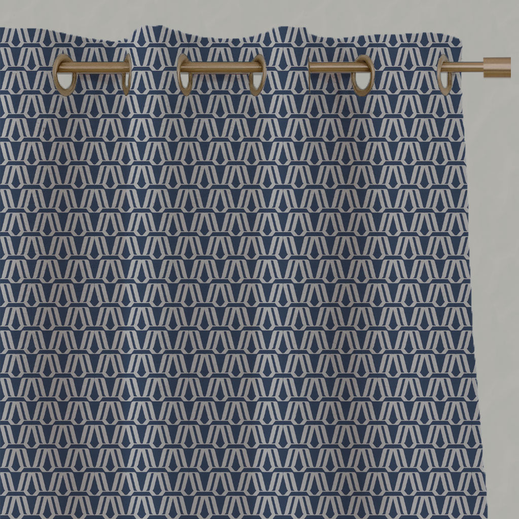 Blue Patterned Linen Eyelet Curtains - Elva Night Blue - Natural base fabric.