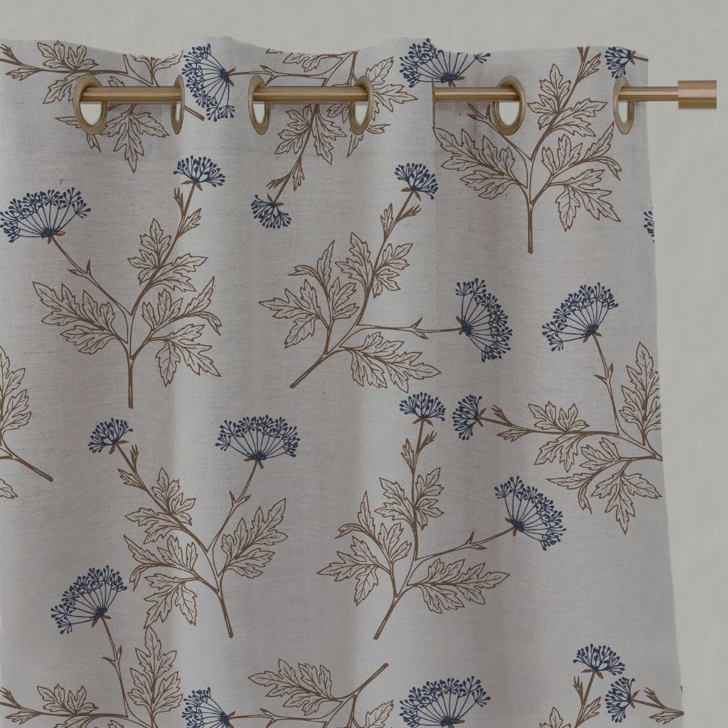 Blue / Brown Botanical Linen Eyelet Curtains - Emmy Deep Blue - Natural base fabric.