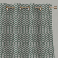 Green Patterned Linen Eyelet Curtains - Erle Jade Mist - Natural base fabric.
