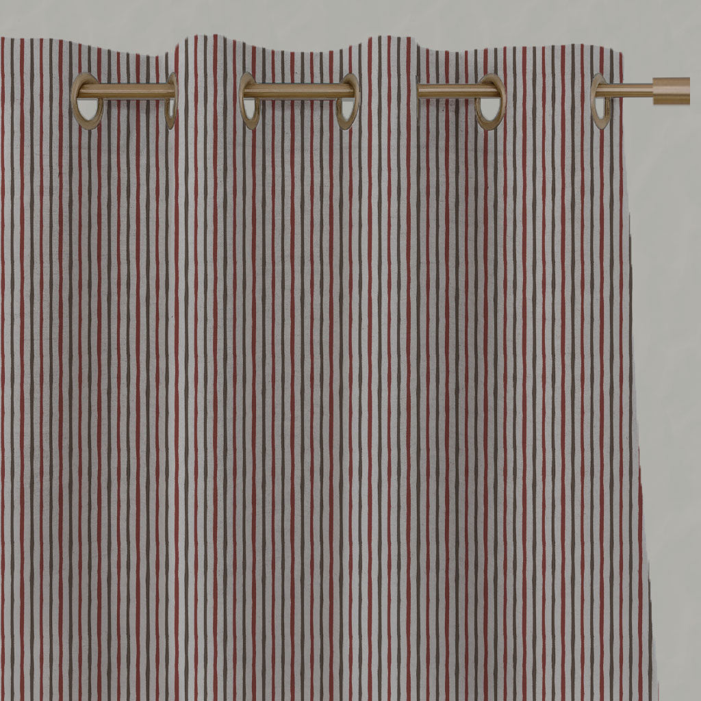 Red / Brown Striped Linen Eyelet Curtains - Evelina Crimson Red - Natural base fabric.
