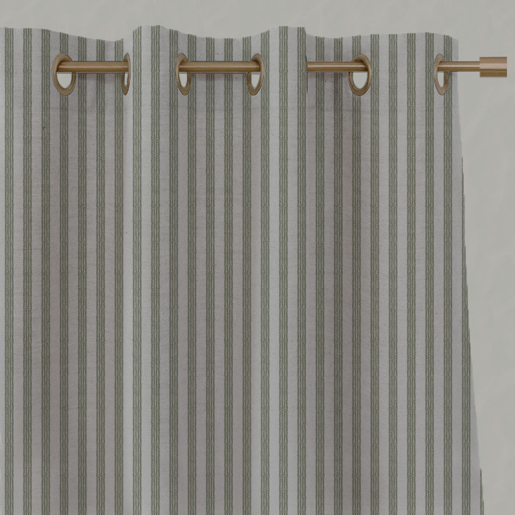 Green Striped Linen Eyelet Curtains - Evianne Khaki - Natural base fabric.