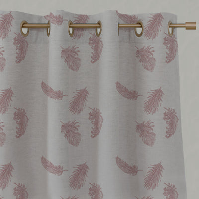 Pink Patterned Linen Eyelet Curtains - Feathers Dusty Pink - Natural base fabric.