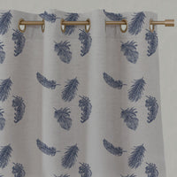 Blue Patterned Linen Eyelet Curtains - Feathers Night Blue - Natural base fabric.