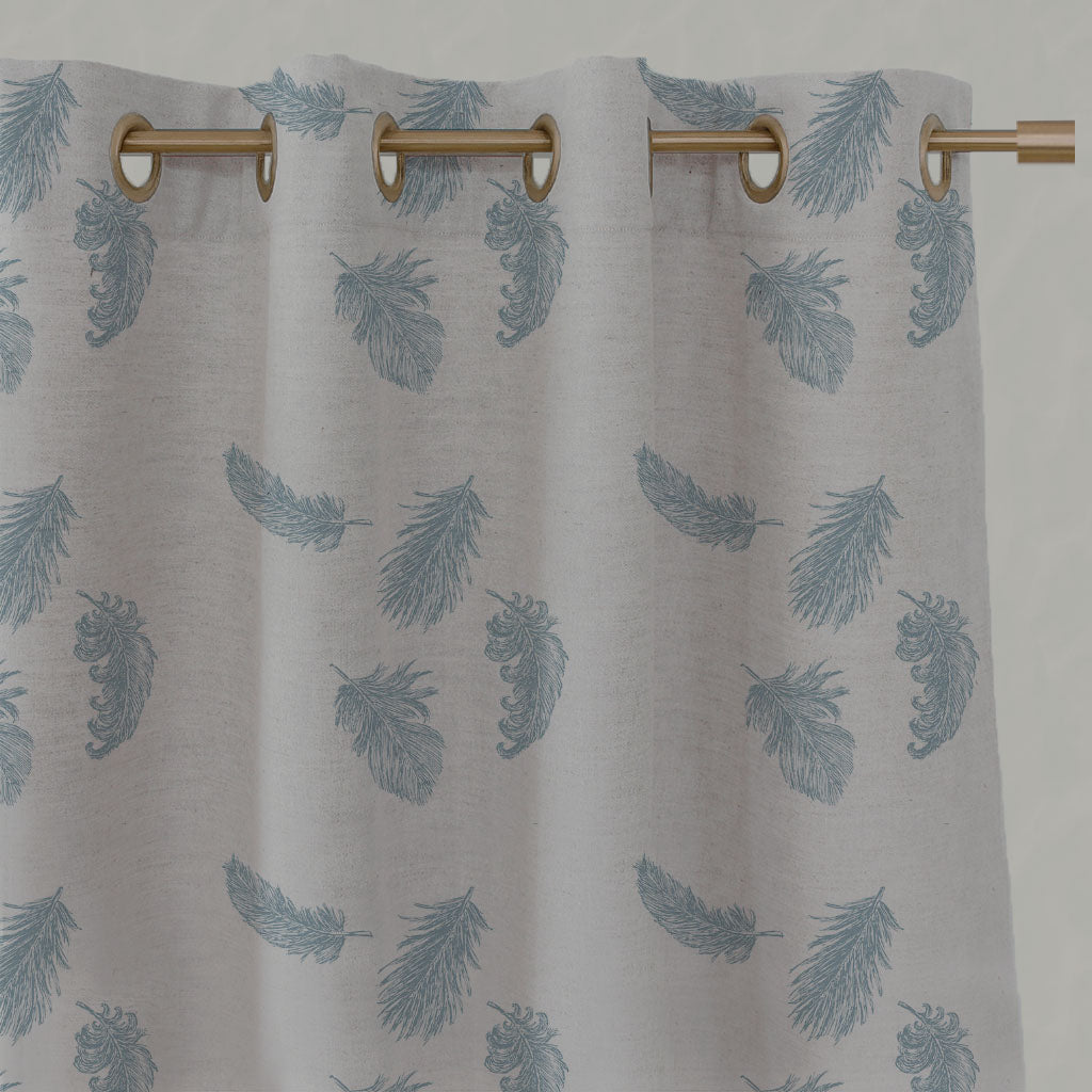 Blue Patterned Linen Eyelet Curtains - Feathers Sky - Natural base fabric.