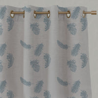 Blue Patterned Linen Eyelet Curtains - Feathers Sky - Natural base fabric.