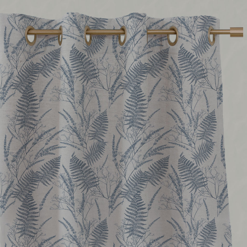 Blue Botanical Linen Eyelet Curtains - Fernia Denim - Natural base fabric.